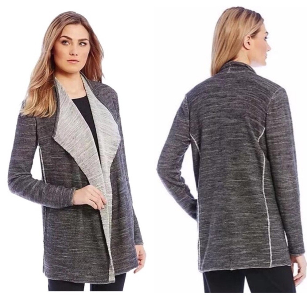 Eileen Fisher Gray Organic Cotton Cascading Plaited Knit Cascading Cardigan M